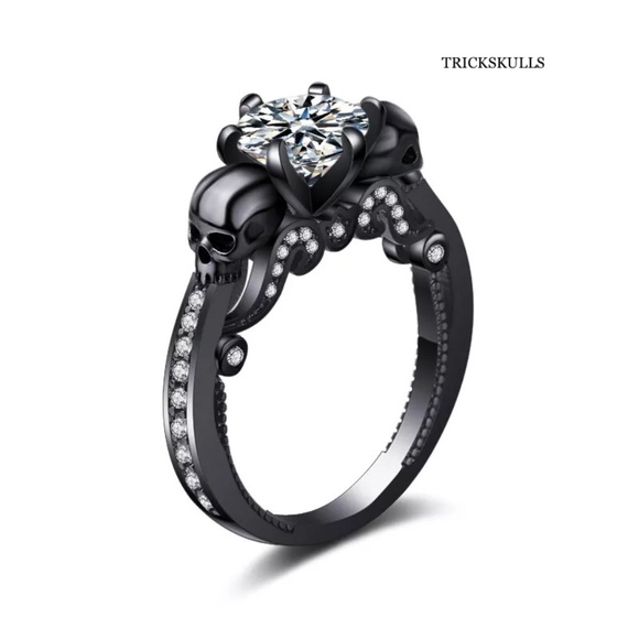 Dark Anodized Silver Double Skull Round Cut Cubic Zirconia Pave Ring 6 7 8 9 10 - Picture 1 of 8